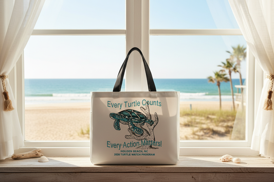 Beach window scene with tote bag